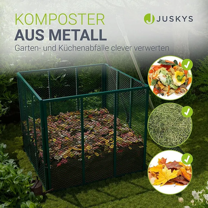 Juskys Komposter Komposter - 450 l, 80 x 80 x 70 cm - Grüner Metallkomposter, gefüllt mit Laub. Zeigt Beispiele für Küchenabfälle, Gras und Herbstlaub zum Kompostieren.
