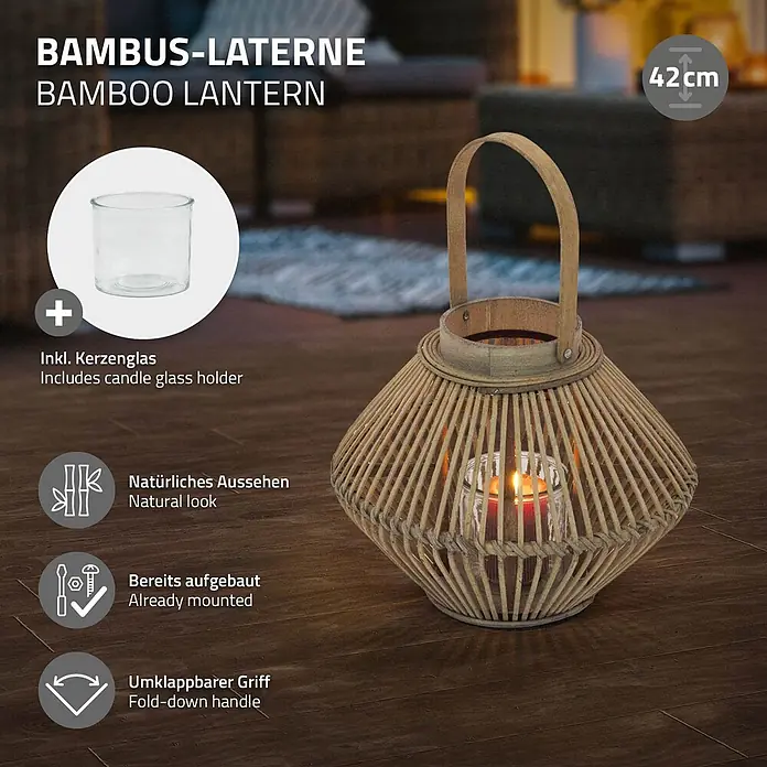 ECD Germany Windlicht Boho Bambus Laterne - Ø x H: 31 x 42 cm, Natur, 1 Stk. - Bambuslaterne mit Kerzenglas, 42 cm hoch, in gemütlicher Umgebung.