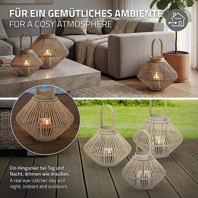 ECD Germany Windlicht Boho Bambus Laterne - Ø x H: 35 x 44 cm, Natur, 1 Stk. - Set aus natürlichen Bambuslaternen mit Kerzen, drinnen und draußen für gemütliche Atmosphäre genutzt.