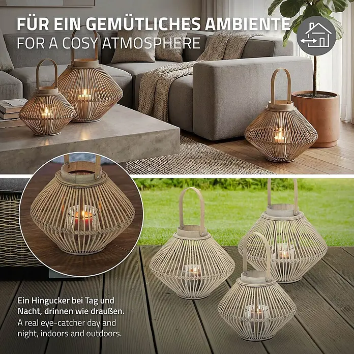 ECD Germany Windlicht Boho Bambus Laterne - Ø x H: 31 x 42 cm, Natur, 1 Stk. - Dekorative Laternen aus Naturgeflecht mit Kerzen, ideal für gemütliches Ambiente drinnen und draußen.
