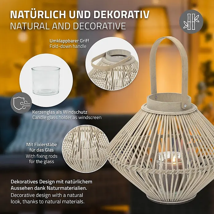 ECD Germany Windlicht Boho Bambus Laterne - Ø x H: 35 x 44 cm, Natur, 1 Stk. - Dekorative Laterne aus hellem Naturmaterial (Rattan/Bambus) mit klappbarem Griff und schützendem Kerzenglas.