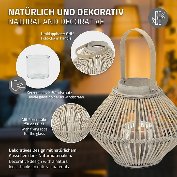 ECD Germany Windlicht Boho Bambus Laterne - Ø x H: 31 x 42 cm, Natur, 1 Stk. - Natürliche Rattan-Laterne mit Glas-Kerzenhalter und umklappbarem Griff, spendet dekoratives, windgeschütztes Licht.