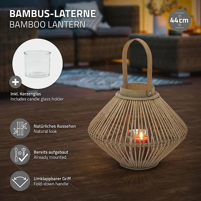 ECD Germany Windlicht Boho Bambus Laterne - Ø x H: 35 x 44 cm, Natur, 1 Stk. - 44cm Bambus-Laterne mit Kerzenglashalter und umklappbarem Griff.