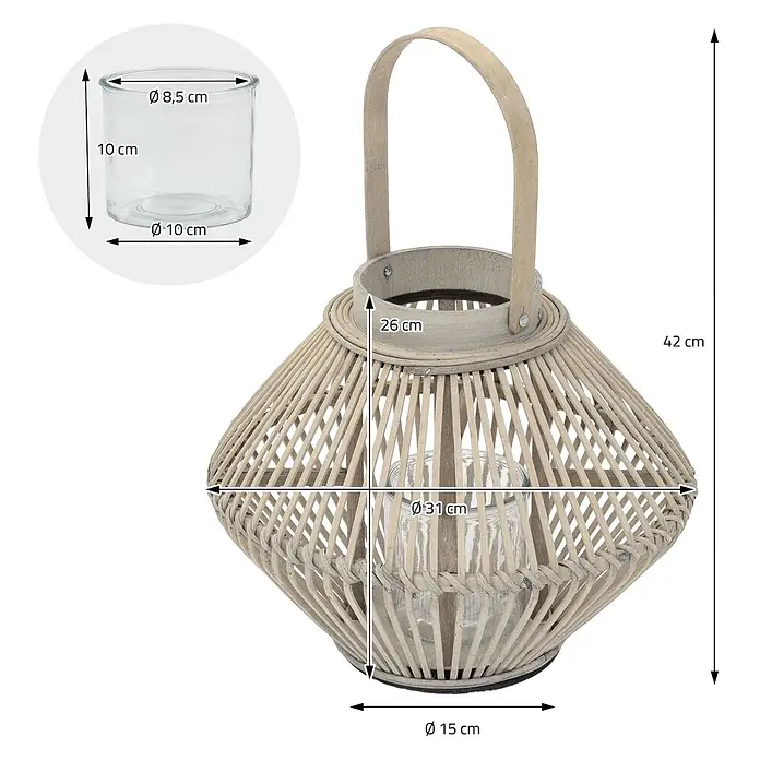 ECD Germany Windlicht Boho Bambus Laterne - Ø x H: 31 x 42 cm, Natur, 1 Stk. - Eine hellfarbene Rattanlaterne mit Henkel und Glaseinsatz.