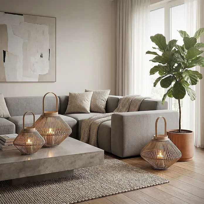 ECD Germany Windlicht Boho Bambus Laterne - Ø x H: 35 x 44 cm, Natur, 1 Stk. - Drei dekorative Laternen aus geflochtenem Holz mit Kerzen auf Couchtisch und Boden in einem Wohnzimmer.