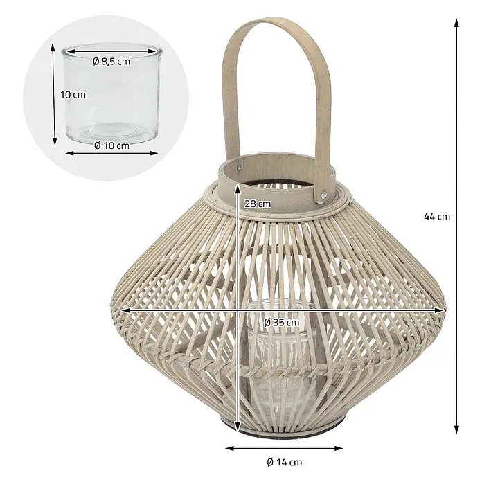 ECD Germany Windlicht Boho Bambus Laterne - Ø x H: 35 x 44 cm, Natur, 1 Stk. - Natürliche Rattan-Laterne mit Glaseinsatz für Kerzen und Tragegriff.