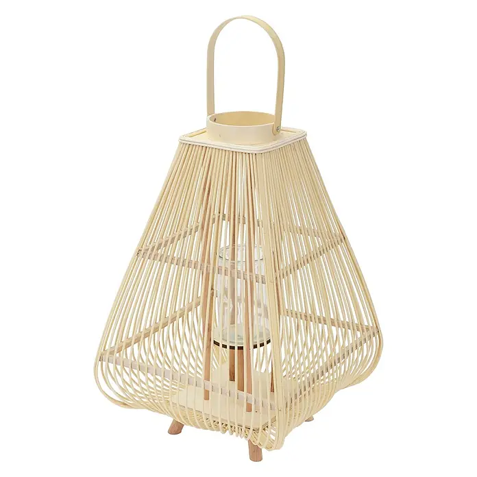 ECD Germany Windlicht Boho Bambus Laterne - Natur, 1 Stk. - Helle Bambuslaterne mit Griff, konischer Käfigform und Glashalter.