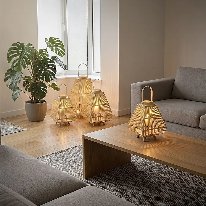 ECD Germany Windlicht Boho Bambus Laterne - Natur, 1 Stk. - Vier natürliche Rattan-Laternen mit warmem Licht erhellen ein gemütliches Wohnzimmer; drei auf dem Boden und eine auf einem Holztisch.
