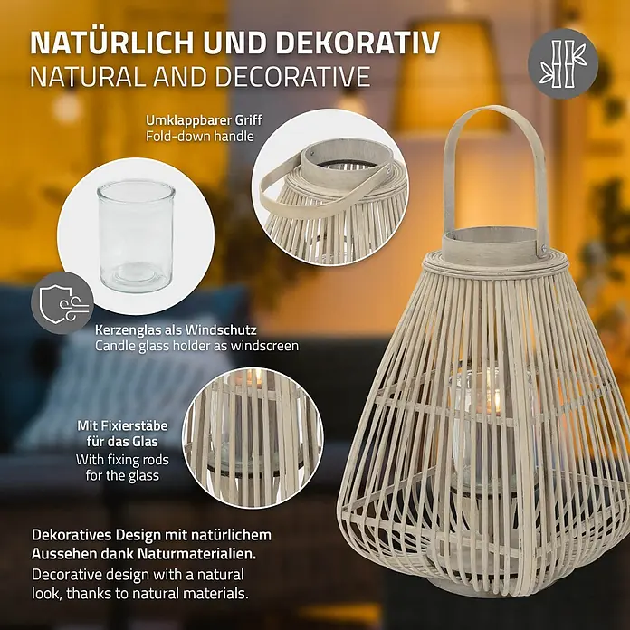 ECD Germany Windlicht Boho Bambus Laterne - Ø x H: 28 x 55 cm, Natur, 1 Stk. - Helle Deko-Laterne aus Naturmaterialien mit klappbarem Griff und Kerzenglas. Ideal als Windschutz für Kerzen.