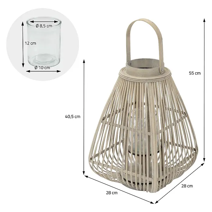 ECD Germany Windlicht Boho Bambus Laterne - Ø x H: 28 x 55 cm, Natur, 1 Stk. - Helle Rattan-Laterne mit Henkel und Glas-Kerzenhalter, Maße angegeben.
