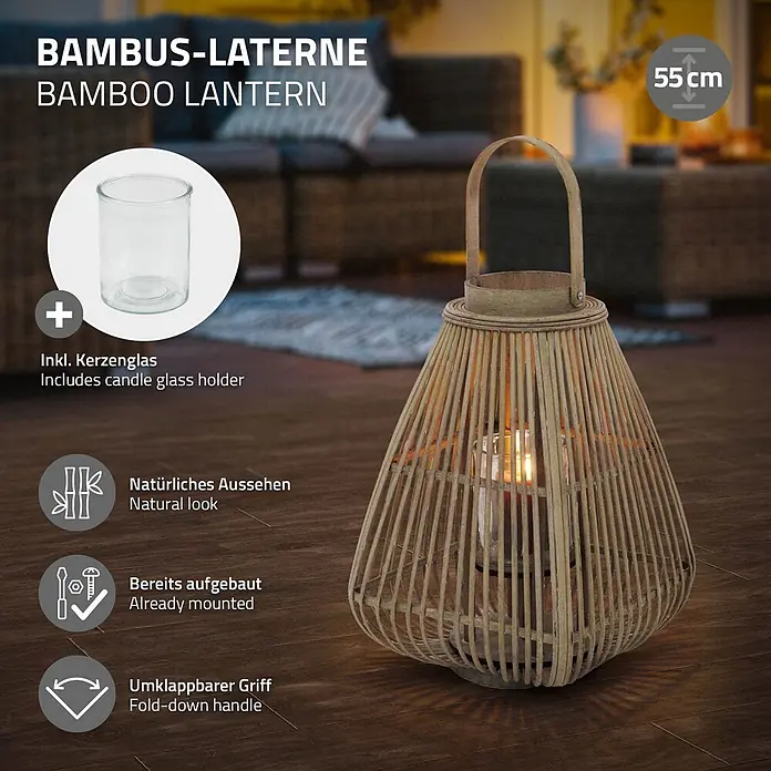 ECD Germany Windlicht Boho Bambus Laterne - Ø x H: 28 x 55 cm, Natur, 1 Stk. - 55cm große Bambuslaterne in natürlicher Optik mit Kerzenglas und klappbarem Griff.