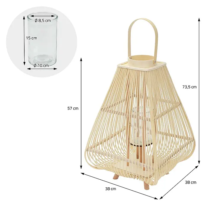 ECD Germany Windlicht Boho Bambus Laterne - Natur, 1 Stk. - Bambuslaterne in Naturholzoptik, konisch geformt mit einem klaren Glaszylinder für eine Kerze.