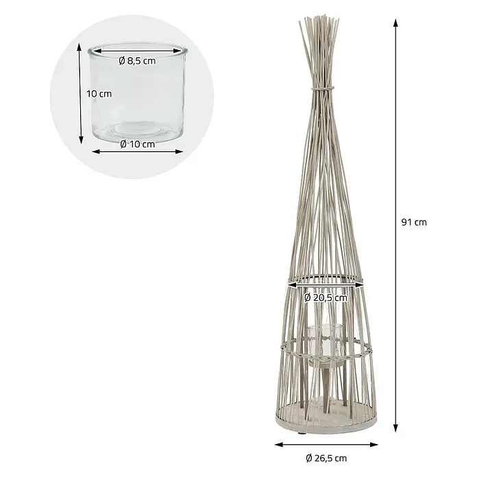 ECD Germany Windlicht Boho Bambus Laterne - Ø x H: 26,5 x 91 cm, Natur, 1 Stk. - Hohe, konische Laterne aus hellem Geflecht mit Glaseinsatz für Kerzen.