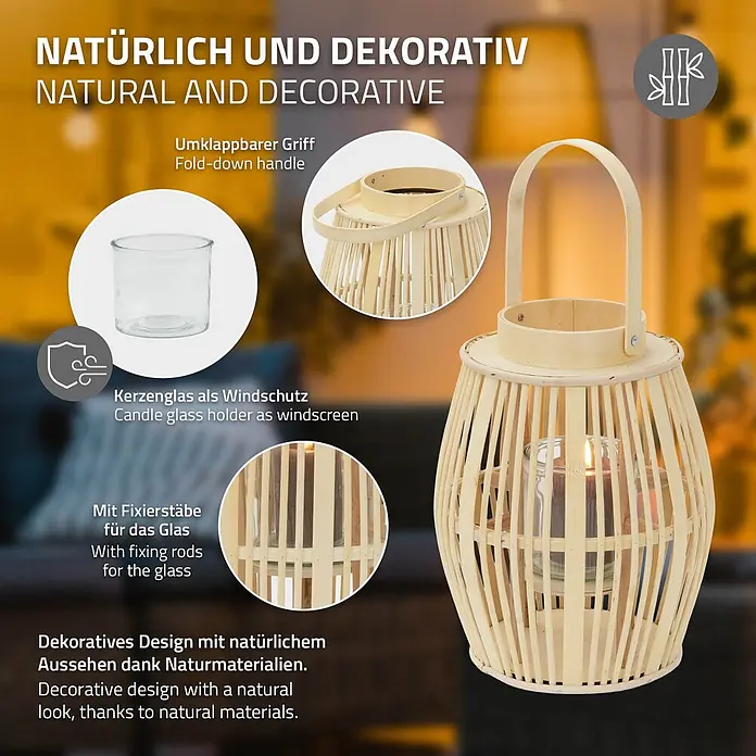 ECD Germany Windlicht Boho Bambus Laterne - Ø x H: 23 x 30 cm, Natur, 1 Stk. - Natürliche dekorative Bambuslaterne mit Kerzenglas, klappbarem Griff und Fixierstäben.