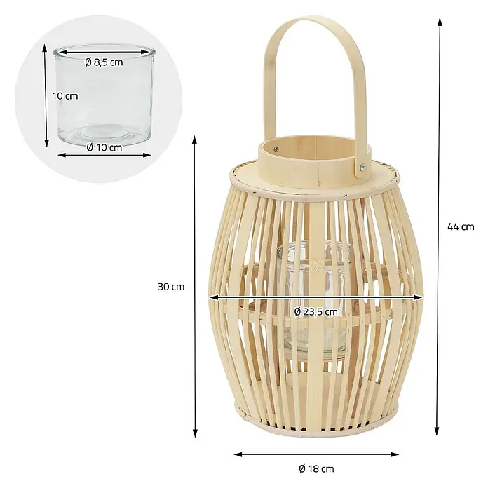 ECD Germany Windlicht Boho Bambus Laterne - Ø x H: 23 x 30 cm, Natur, 1 Stk. - Helle Holzlaterne mit Griff und Glaseinsatz. Maße abgebildet.