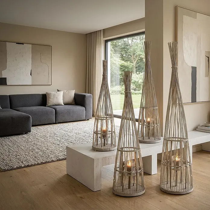 ECD Germany Windlicht Boho Bambus Laterne - Ø x H: 26,5 x 91 cm, Natur, 1 Stk. - Vier hohe, konische Bambuslaternen mit Kerzenlicht, in einem modernen Wohnzimmer auf Tisch und Boden.