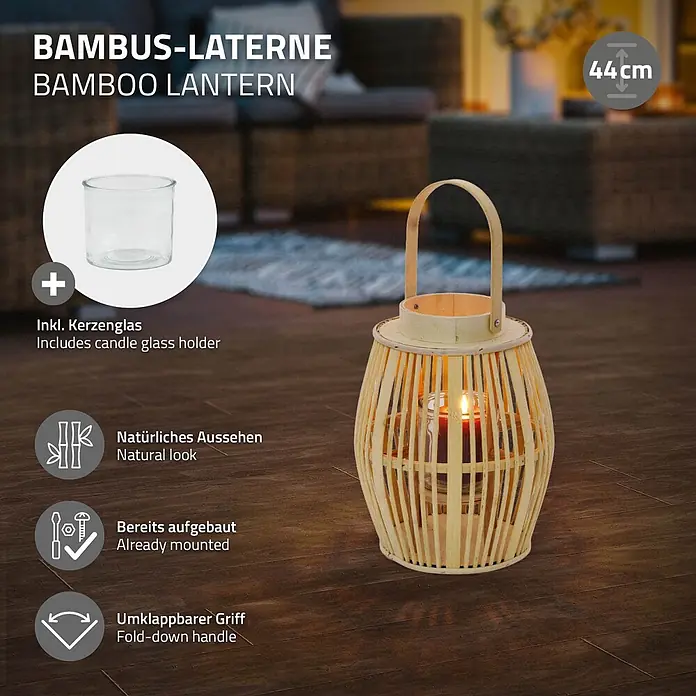 ECD Germany Windlicht Boho Bambus Laterne - Ø x H: 23 x 30 cm, Natur, 1 Stk. - Eine helle Bambuslaterne mit brennender Kerze, inklusive Glashalter und Klappgriff, 44cm.