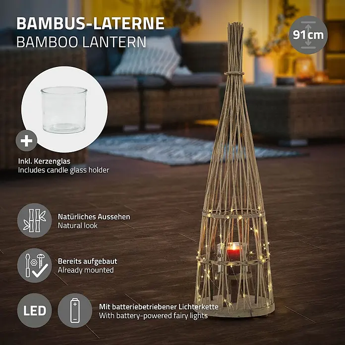 ECD Germany Windlicht Boho Bambus Laterne - Ø x H: 26,5 x 91 cm, Natur, 1 Stk. - Eine hohe, natürliche Bambuslaterne (91 cm) mit Lichterkette und Teelichtglas auf Holzboden.