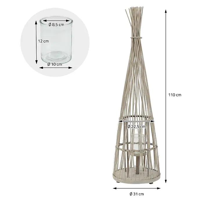 ECD Germany Windlicht Boho Bambus Laterne - Ø x H: 31 x 110 cm, Natur, 1 Stk. - Hohe, konische Laterne aus Naturholzstäben mit Teelichtglas. Maße: 110 cm H, 31 cm Ø unten.