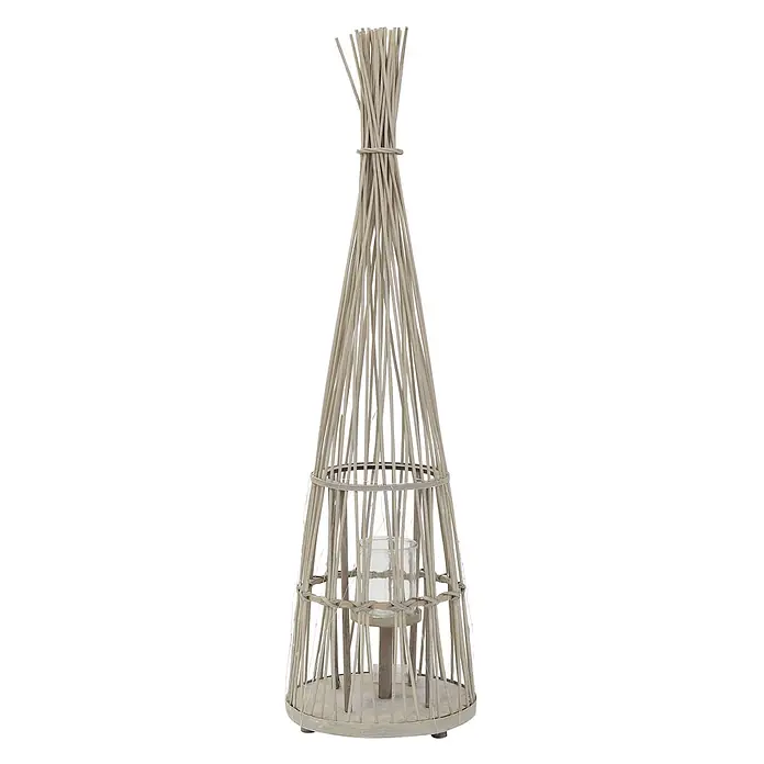 ECD Germany Windlicht Boho Bambus Laterne - Ø x H: 31 x 110 cm, Natur, 1 Stk. - Helle Holzstab-Laterne in konischem Käfigdesign mit einem Glas-Teelichthalter.