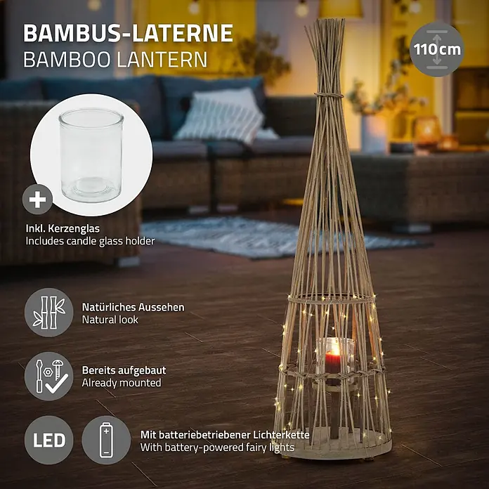 ECD Germany Windlicht Boho Bambus Laterne - Ø x H: 31 x 110 cm, Natur, 1 Stk. - Hohe 110cm Bambuslaterne mit LED-Lichterkette und Kerzenglas, beleuchtet ein gemütliches Wohnzimmer.