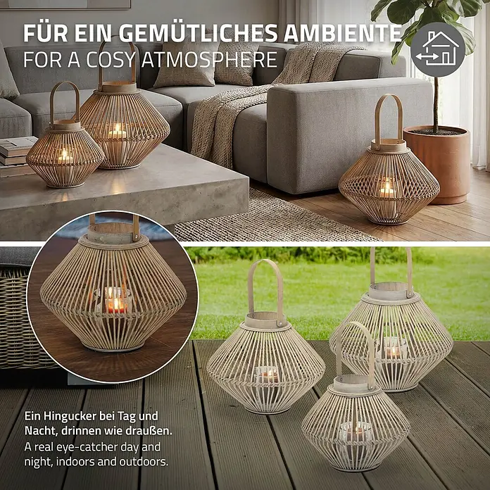 ECD Germany Windlicht Boho Bambus Laterne - Ø x H: 38 x 47 cm, Natur, 1 Stk. - Set aus hellbraunen Bambuslaternen mit Kerzen, drinnen und draußen verwendet.