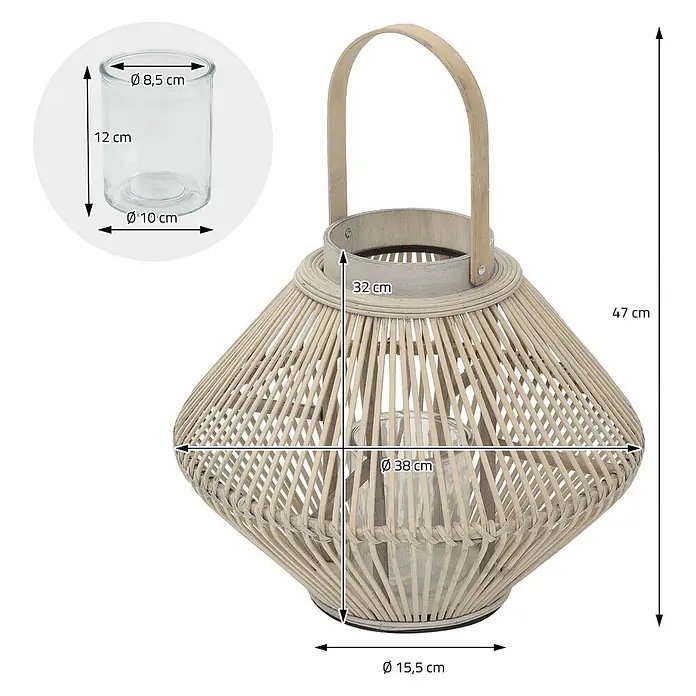 ECD Germany Windlicht Boho Bambus Laterne - Ø x H: 38 x 47 cm, Natur, 1 Stk. - Geflochtene Bambuslaterne mit Henkel und Glaseinsatz für Kerzen. Abmessungen sind angegeben.