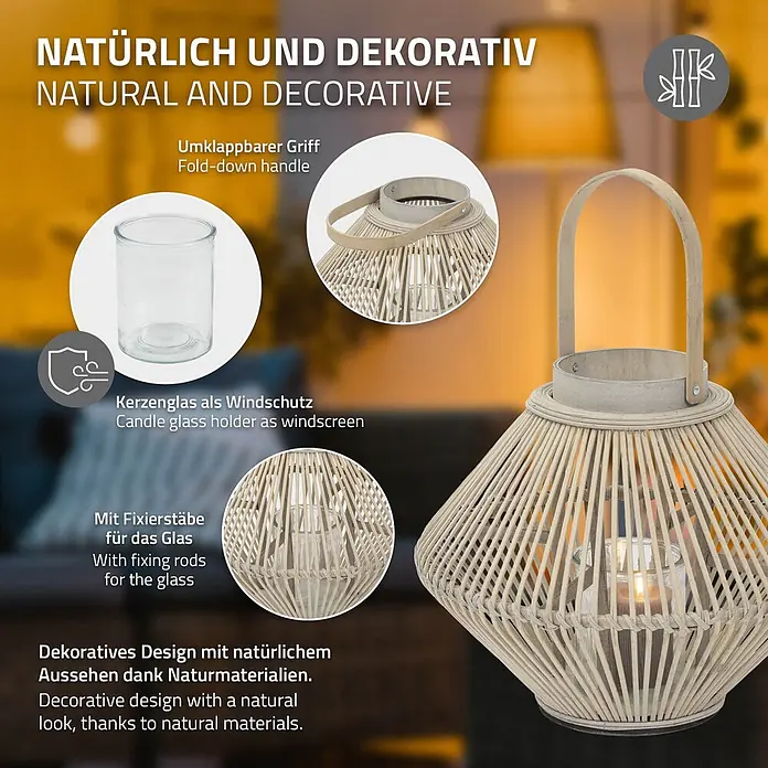 ECD Germany Windlicht Boho Bambus Laterne - Ø x H: 38 x 47 cm, Natur, 1 Stk. - Natürliche, helle Rattan-Laterne mit geflochtenem Korpus, klappbarem Tragegriff und Kerzenglas.