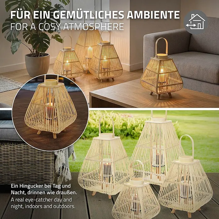 ECD Germany Windlicht Boho Bambus Laterne - Ø x H: 29 x 55,5 cm, Natur, 1 Stk. - Set heller Bambuslaternen mit Kerzen, die drinnen und draußen für eine gemütliche Atmosphäre sorgen.