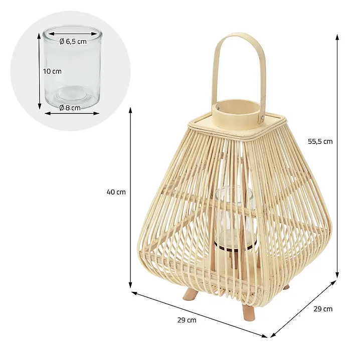 ECD Germany Windlicht Boho Bambus Laterne - Ø x H: 29 x 55,5 cm, Natur, 1 Stk. - Natürliche Rattan-Laterne mit Glaseinsatz als Kerzenhalter. Die Laterne hat einen Griff und ist 55,5 cm hoch.