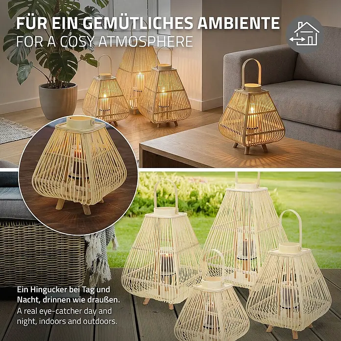 ECD Germany Windlicht Boho Bambus Laterne - Natur, 1 Stk. - Natürliche Bambuslaternen, die drinnen und draußen eine gemütliche Atmosphäre schaffen.