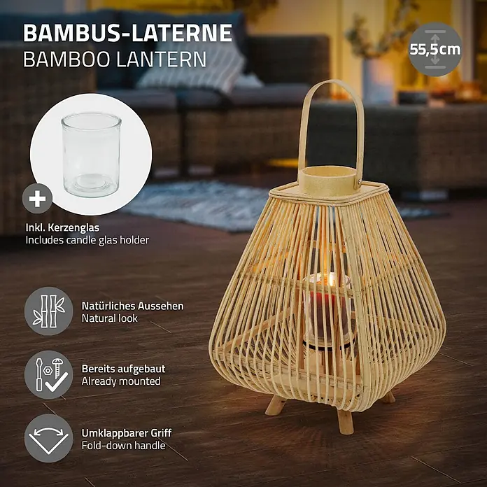 ECD Germany Windlicht Boho Bambus Laterne - Ø x H: 29 x 55,5 cm, Natur, 1 Stk. - Bambus-Laterne, 55,5 cm hoch, mit Kerzenglashalter und umklappbarem Griff.
