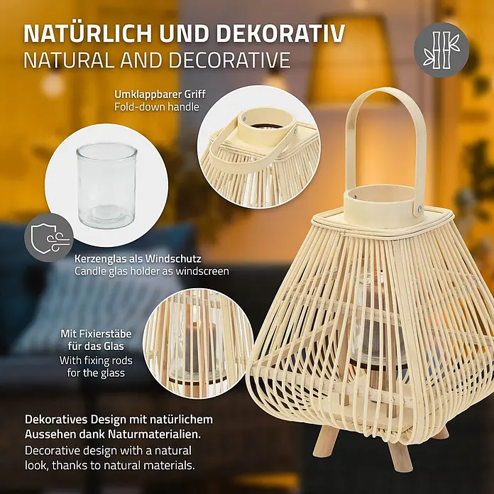 ECD Germany Windlicht Boho Bambus Laterne - Natur, 1 Stk. - Dekorative Bambuslaterne mit Windschutz-Glaseinsatz für Kerzen und klappbarem Griff.