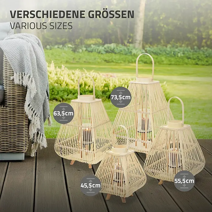 ECD Germany Windlicht Boho Bambus Laterne - Ø x H: 33 x 63,5 cm, Natur, 1 Stk. - Vier Bambuslaternen in verschiedenen Größen. Naturfarbenes Rattan-Design mit Griffen und Glaseinsätzen.