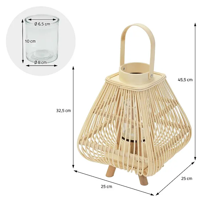 ECD Germany Windlicht Boho Bambus Laterne - Natur, 1 Stk. - Helle Rattan-Laterne mit geflochtenem Design und Griff, inklusive abnehmbarem Glas-Kerzenhalter. Maße: 45,5 cm H x 25 cm B.