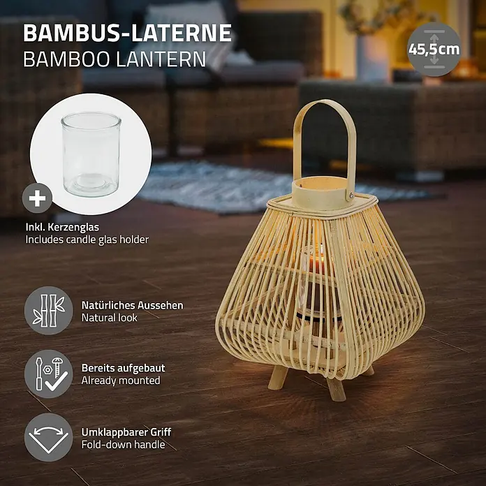 ECD Germany Windlicht Boho Bambus Laterne - Natur, 1 Stk. - Eine 45,5 cm hohe Bambus-Laterne in Naturfarbe mit Klappgriff, die warm leuchtet. Inklusive Kerzenglas.