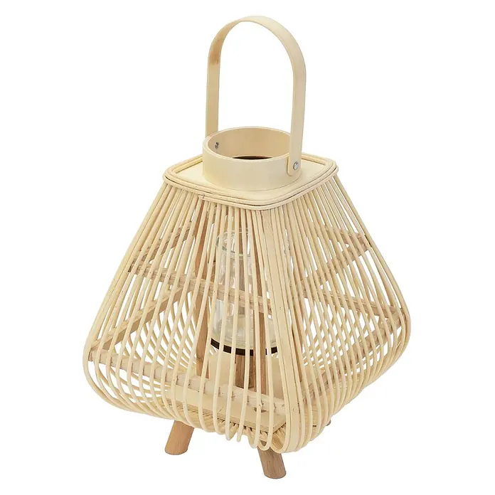 ECD Germany Windlicht Boho Bambus Laterne - Natur, 1 Stk. - Helle Holzlaterne mit geflochtenem Rattankäfig, Glaseinsatz und Tragegriff.