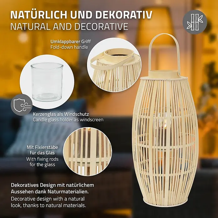 ECD Germany Windlicht Boho Bambus Laterne - Ø x H: 30 x 75 cm, Natur, 1 Stk. - Natürliche Bambuslaterne mit klappbarem Griff, Glaseinsatz als Windschutz für Kerzen und dekorativem Natur-Look.