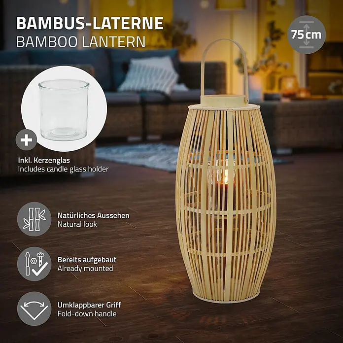 ECD Germany Windlicht Boho Bambus Laterne - Ø x H: 30 x 75 cm, Natur, 1 Stk. - Eine 75 cm hohe Bambuslaterne in natürlichem Holz-Look mit klappbarem Griff und Kerzenglas, in wohnlicher Umgebung.
