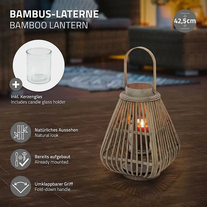 ECD Germany Windlicht Boho Bambus Laterne - Ø x H: 23 x 42,5 cm, Natur, 1 Stk. - Eine 42,5 cm hohe Bambuslaterne mit Naturlook und Klappgriff, inklusive Kerzenglashalter mit brennender Kerze.