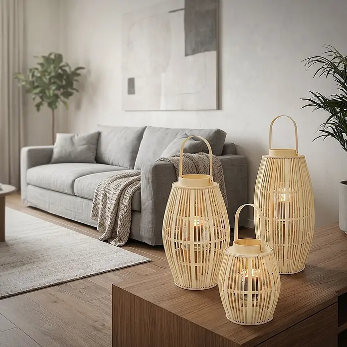 ECD Germany Windlicht Boho Bambus Laterne - Ø x H: 30 x 75 cm, Natur, 1 Stk. - Set aus drei natürlichen Bambuslaternen mit brennenden Kerzen, auf einem Holztisch im Wohnzimmer arrangiert.