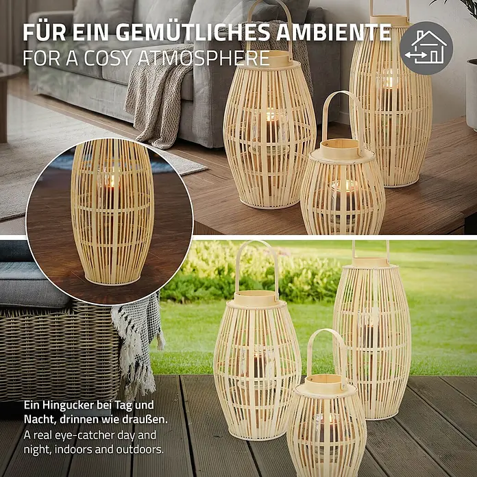 ECD Germany Windlicht Boho Bambus Laterne - Ø x H: 30 x 75 cm, Natur, 1 Stk. - Drei Bambuslaternen mit Kerzenlicht schaffen drinnen wie draußen eine gemütliche Atmosphäre.