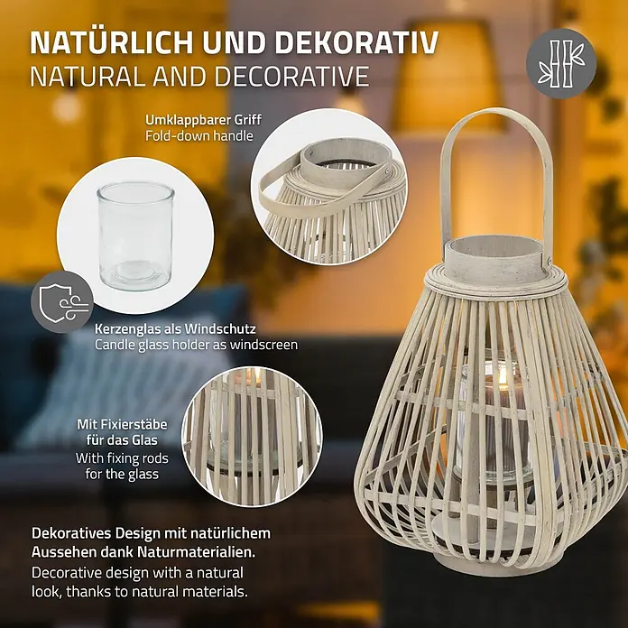 ECD Germany Windlicht Boho Bambus Laterne - Ø x H: 23 x 42,5 cm, Natur, 1 Stk. - Helle Bambuslaterne mit Glaskerzenhalter und klappbarem Griff.