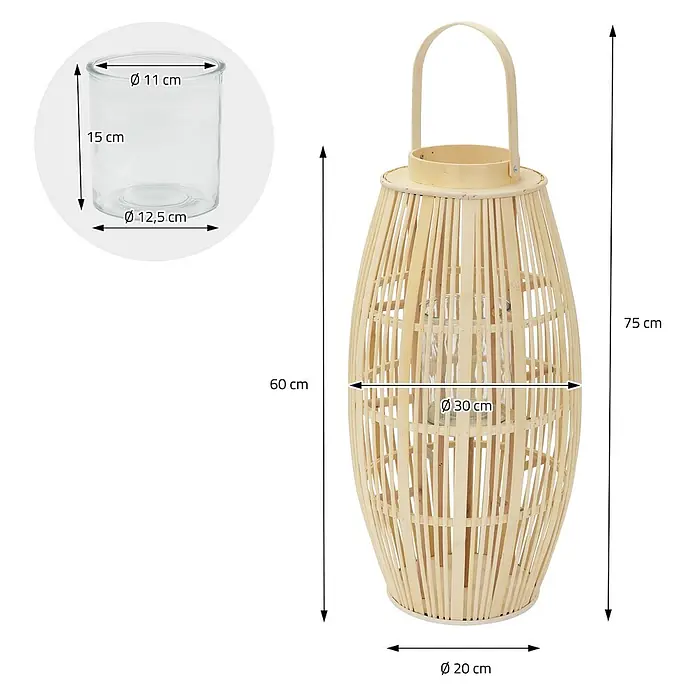 ECD Germany Windlicht Boho Bambus Laterne - Ø x H: 30 x 75 cm, Natur, 1 Stk. - Natürliche Bambuslaterne mit Klarglaseinsatz, Maße werden angezeigt.