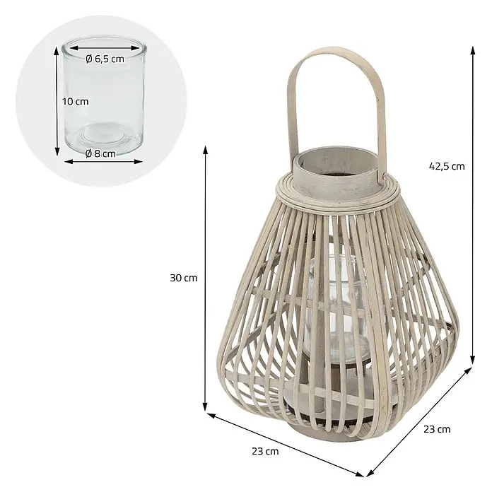 ECD Germany Windlicht Boho Bambus Laterne - Ø x H: 23 x 42,5 cm, Natur, 1 Stk. - Helle, geflochtene Laterne mit Glaseinsatz, 42,5 cm hoch und 23 cm breit.