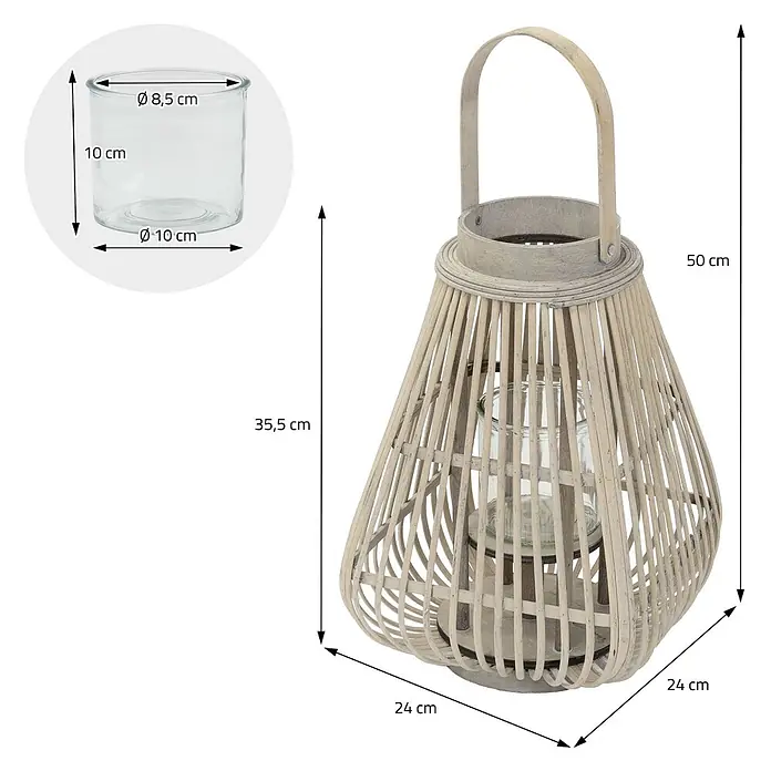 ECD Germany Windlicht Boho Bambus Laterne - Ø x H: 24 x 50 cm, Natur, 1 Stk. - Helle Holzlaterne mit Henkel und einem Kerzenhalter aus Klarglas.