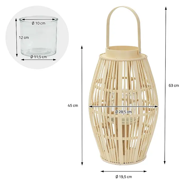 ECD Germany Windlicht Boho Bambus Laterne - Ø x H: 28 x 46 cm, Natur, 1 Stk. - Natürliche Bambuslaterne mit Glaseinsatz, 63 cm hoch, 28,5 cm max Ø. Glaseinsatz ist 12 cm hoch.