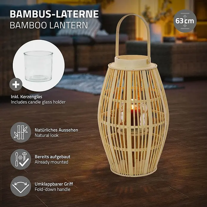 ECD Germany Windlicht Boho Bambus Laterne - Ø x H: 28 x 46 cm, Natur, 1 Stk. - Eine 63 cm hohe Bambuslaterne mit brennender Kerze, klappbarem Griff und separatem Kerzenglashalter.