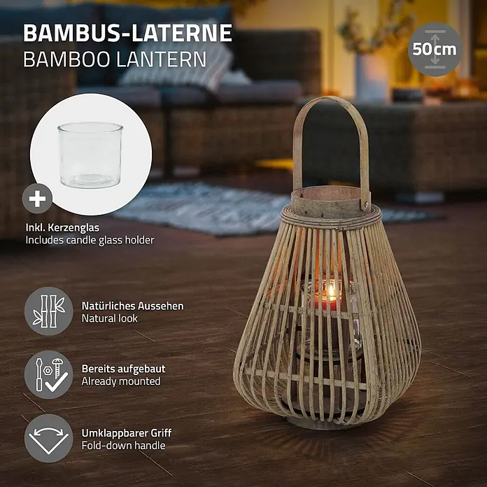 ECD Germany Windlicht Boho Bambus Laterne - Ø x H: 24 x 50 cm, Natur, 1 Stk. - 50cm Bambus-Laterne mit Kerzenglas und brennender Kerze, Natur-Look und klappbarem Griff.