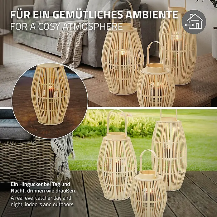 ECD Germany Windlicht Boho Bambus Laterne - Ø x H: 28 x 46 cm, Natur, 1 Stk. - Drei Bambus-Laternen mit Kerzenlicht in verschiedenen Größen, schaffen gemütliche Atmosphäre drinnen und draußen.